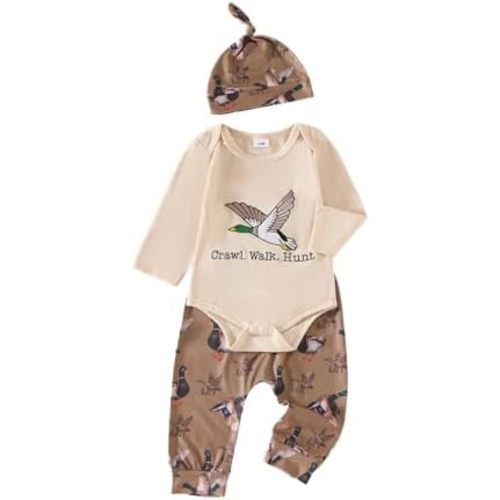 Newborn Baby Boy Duck Hunting Fall Outfits Mallard Duck Long Sleeve Romper And Pants Hat Set Coming Home Clothes