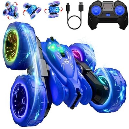 Remote Control Car, Rechargeable Fast Direct Charging RC Cars with Colorful Light, Double Sided 360° Flip RC Stunt 2.4Ghz All Terrain 4WD Race Car Toy Xmas Gift for Boys Girls Aged 3-12