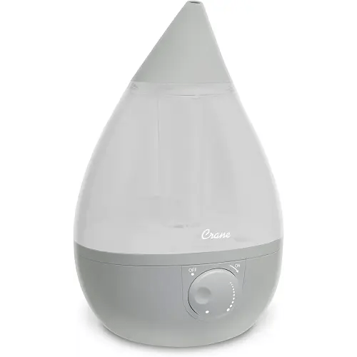 Crane Ultrasonic Teardrop Cool Mist Humidifier, Large 1 Gal Tank, Automatic Shut-Off, Baby Humidifiers for Nursery and Bedroom, Grey