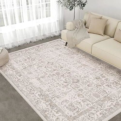 Light Brown Area Rug 6x9 Machine Washable Vintage Living Room Distressed Non Slip Carpet Traditional Indoor Bedroom Retro Floral Accent Throw Large Rug for Office Kitchen Dining Room