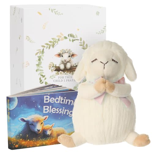 Sawnfay Baptism Gifts for Girls and Newborn Baby, Christening Gifts Set, 7" Praying Lamb Plush Toy and Bedtime Blessing Book in Keepsake Gift Box, Ideal Easter Gifts for Kids