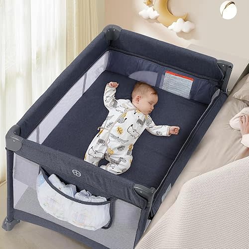 Dripex 5 in 1 Baby Bassinet Bedside Sleeper, Pack and Play with Diaper Changer, Rocking Bassinet, Foldable Playard, Adjustable Height, Portable Crib for Newborn to Toddlers, Grey