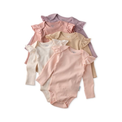 Ashley Ruffle Long Sleeve Organic Cotton 5-Pack Bodysuits, 0-3M