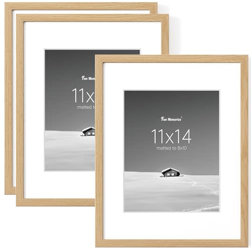 Fun Memories 11x14 Picture Frame Set of 3, Display Pictures 8x10 with Mat or 11x14 Without Mat, 11x14 Frame for Photos, Posters & Art Prints, Gallery Photo Frames for Wall & Tabletop Display, Natural