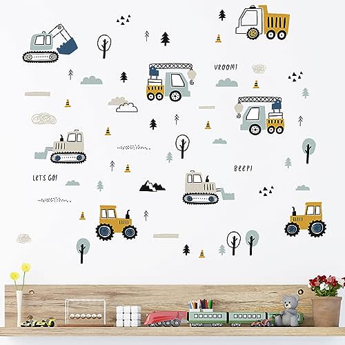Construction Vehicles Wall Decals Excavator Tractor Crane Wall Stickers Boys Bedroom Kids Room Wall Decor