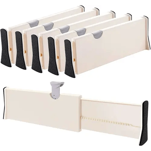 Drawer Dividers Organizer 5 Pack, Adjustable Separators 4" High Expandable from 11-17" for Bedroom, Bathroom, Closet,Clothing, Office, Kitchen Storage, Strong Secure Hold, Foam Ends, Locks in Place