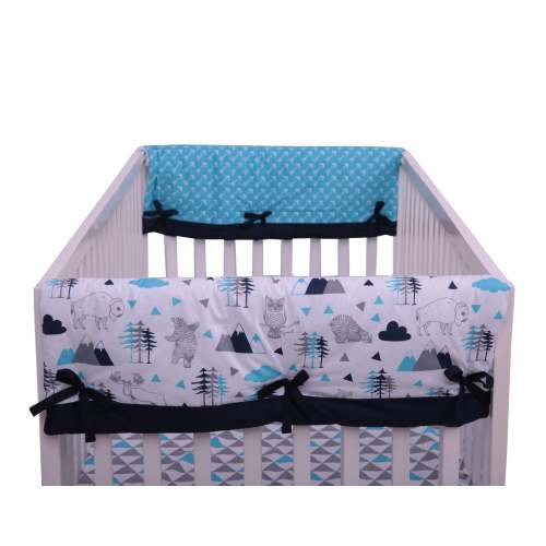 Bacati - Two Pack Small Crib Rail Guard Covers Cotton Woodlands Aqua/Navy/Grey