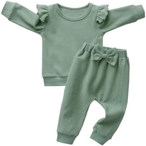 Infant Baby Girls Clothes Solid Color Long Sleeve Ruffle Pullover Sweatshirt Tops Pants Tracksuit 2PCS Outfits Set