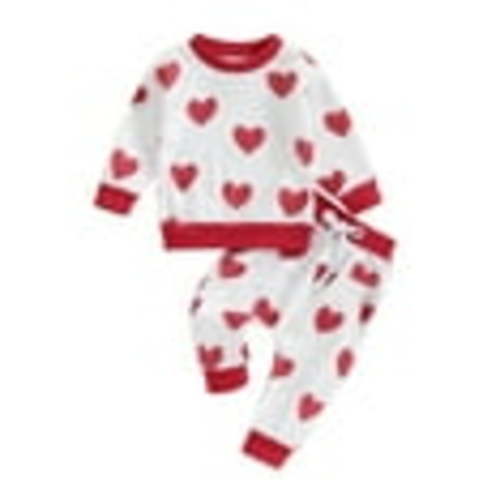 Toddler Boys Girls Fall Outfits Heart Print Long Sleeve Waffle Sweatshirts and Long Pants 2Pcs Valentine's Day Clothes Set