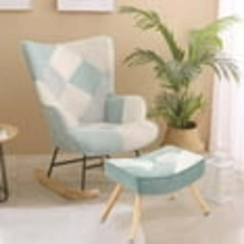 Linen Fabric Rocking Chair with Ottoman, Patchwork Upholstered Rocking Armchair for Nursery, Mid Century Rocker Accent Chair with Footrest for Living Room/Bedroom/Balcony, White+Blue