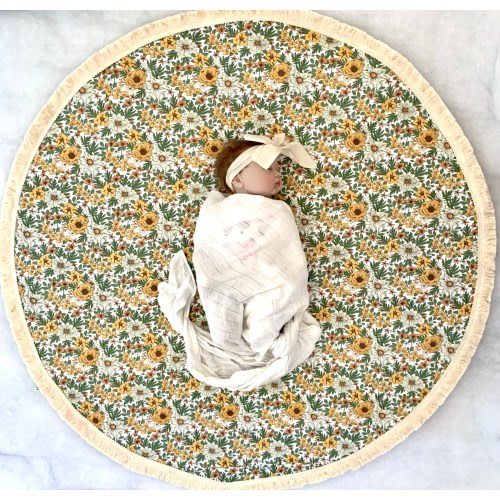 ORGANIC Wildflower, mustard floral, flower Round baby play mat, vintage print, vintage Rug Tummy Time Nursery Baby Blanket, modern farmhouse
