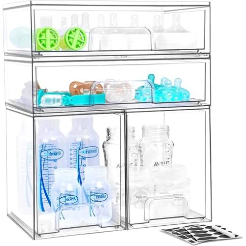 Baby Bottle Organizer, 4 Pack Stackable Storage Drawers with Chalkboard Labels, Clear Station Organizer Container for Bottles, Nipples, Pump Parts, Baby Bottle Organizers for Countertop and Cabinet