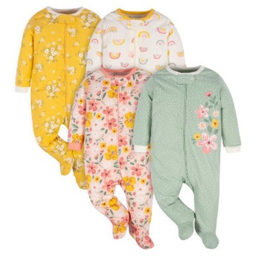 Gerber Baby Girls' Long Sleeve Sleep 'N Plays - Golden Floral - Newborn - 4-Pack
