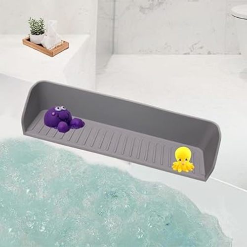Bathtub Splash Guard, 2Pack Silicone Bathtub Splash Guard with Strong Suction Cups - Bathtub Accessories, Bath Toy Holder, Bathtub Side Splash Guard, Tub Play Shelf for Kids, (Stone Grey)