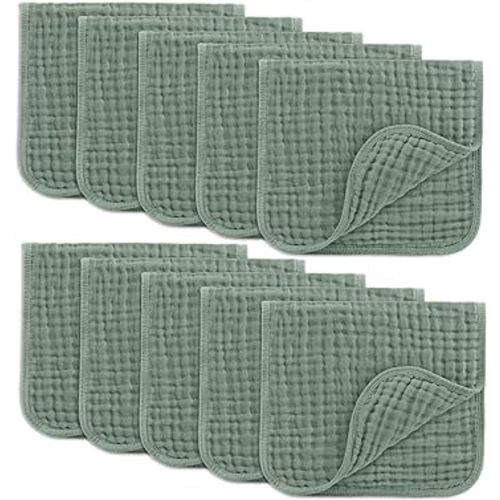 Comfy Cubs Muslin Burp Cloths Set Large 100% Cotton Hand Washcloths for Babies, Baby Essentials 6 Layers Extra Absorbent and Soft Boys & Girls Baby Bibs & Burp Cloths Set (Fern, 10-Pack, 20" X10")