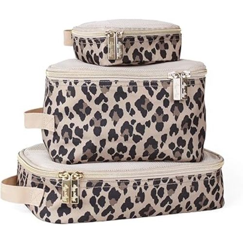 Itzy Ritzy Packing Cubes for Travel – Set of 3 Packing Cubes or Travel Organizers; Each Travel Cube Features a Mesh Top, Double Zippers and a Fabric Handle (Leopard)