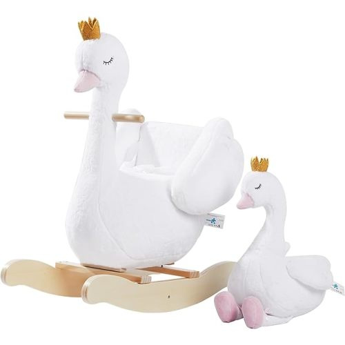 labebe Kids Rocking Horse White Swan, Stuffed Animal Wooden Rocker for Children 6 Months Boys and Girls/Nursery Christmas, Birthday Gift (Rocking Swan)