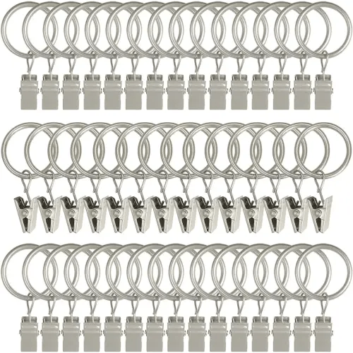 AMZSEVEN 44 Pack Metal Curtain Rings with Clips, Curtain Hangers Clips, Drapery Clips with Rings, Drapes Rings 1 in Interior Diameter, Fits Diameter 5/8 in Curtain Rod, Matte Silver