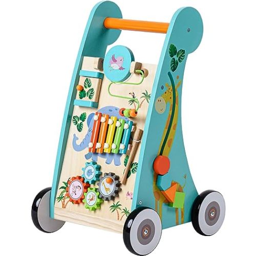Teamson Kids Preschool Play Lab Wooden Baby Walker and Activity Station, Natural/Blue