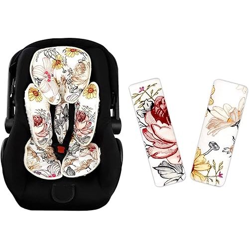 Floral Car Seat Insert,Cushion for Stroller, Swing, Bouncer, 2-in-1 Reversible,Baby Car Seat Strap Covers Shoulder Pads for Baby Kid