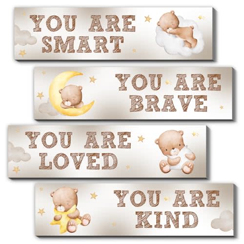 Bear Nursery Wall Decor,Wooden Bear Wall Art for Baby Boy,4PCS Cute Boy Room Decor for Nursery Themes Bathroom Living Room Classroom Home Decoration,Perfect Gifts for Birthday Baby Shower