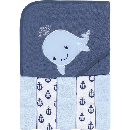 Hudson Baby Unisex Baby Hooded Towel and Five Washcloths, Sailor Whale, One Size