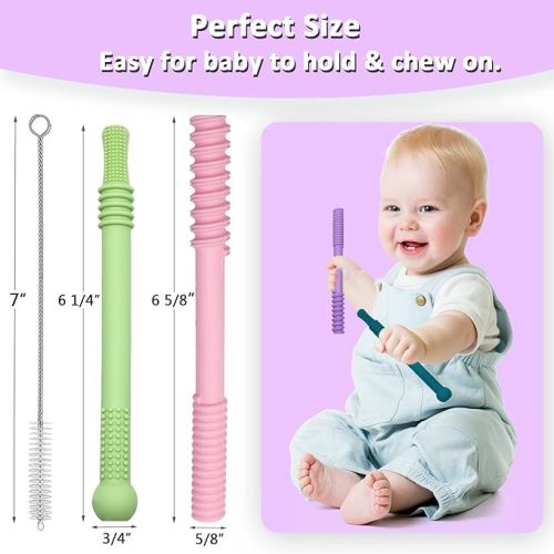 Teether Tubes for Babies 6 12 18 Months, 4 Pack Hollow Straw Toddler Teether Toys for molars, Silicone Chew Tube for Sensory Kids with Chewing or Other Special Needs, BPA Free Dishwasher Freezer Safe