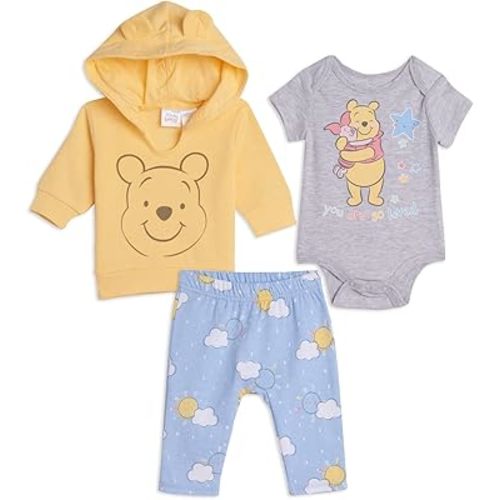 Disney Classics Winnie the Pooh Mickey Mouse Baby Hoodie Bodysuit and Pants 3 Piece Outfit Set (Newborn - 24 Months)
