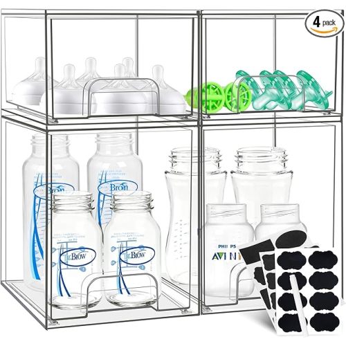 Baby Bottle Organizer, Stackable Storage Drawers with Label, Clear Station Organizers Container for Pacifiers, Pump Parts, Desk Organizer Bins for Bathroom, Cabinet, Pantry, Vanity, Countertop, 4 Pack