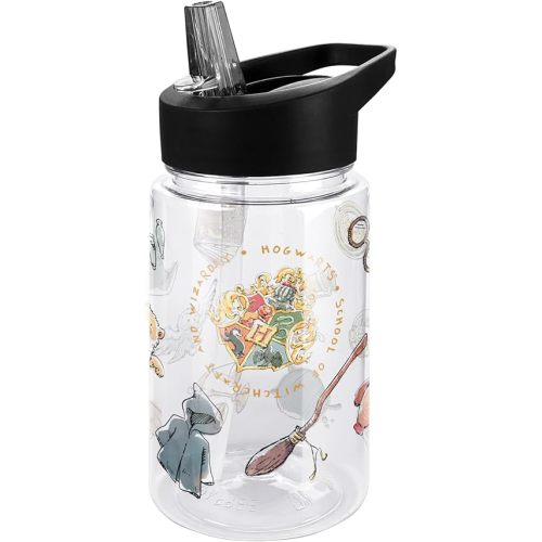 LOGOVISION Harry Potter Kids Tritan Plastic Water Bottle with Straw Lid and Handle, Reusable Tumbler for Toddlers, Unisex for Girls and Boys, 12oz, HP Watercolor Pattern