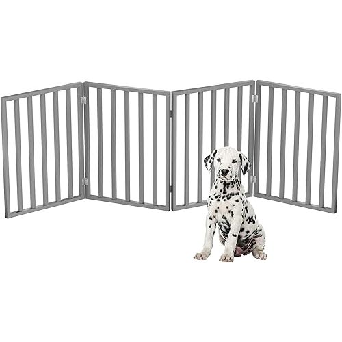 Pet Gate - 4-Panel Indoor Foldable Dog Fence for Stairs, Hallways, or Doorways - 72x24-Inch Retractable Wood Freestanding Dog Gates by PETMAKER (Gray)
