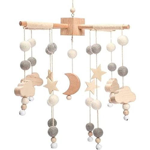 Boho Baby Crib Mobile Decor - Wooden Moon and Stars Nursery Mobiles with Cloud for Bassinet Starry Night Handmade Soft Felt Beads Hanging Wind Chime Toys Pendant for Infant Newborn Boy and Girl