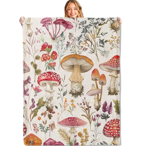 MIEPOS Vintage Botanical Mushroom Throw Blanket,50x60in,Soft, Lightweight Flannel,Retro Wildflower Blankets,Gifts for Kids & Nature Lovers,for Couch Travel Picnics,Home Living Room Boho Decor