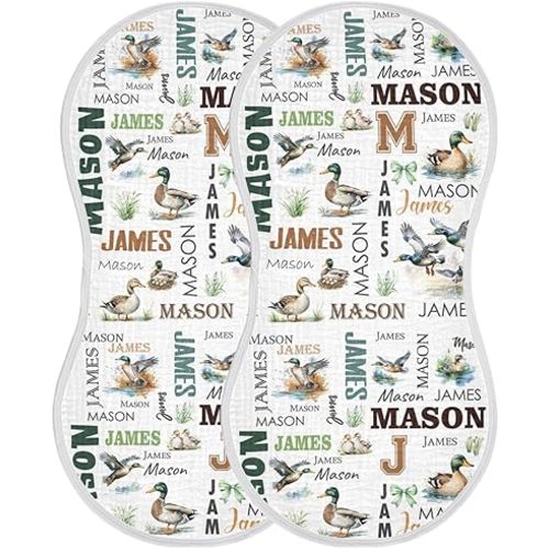 Custom Name Baby Burp Cloths for Boys Girls, Personalized Mallard Ducks 2 Pack Absorbent Cotton Burping Rags Bibs for Newborn Infant Towel