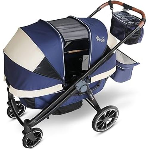 Tandem Wagon Stroller–All-Terrain 2-in-1 Push&Pull Design, Double Seat, Large Storage, Adjustable Canopy, Removable Child Tray for Kids Outdoor Adventures&Family Outings