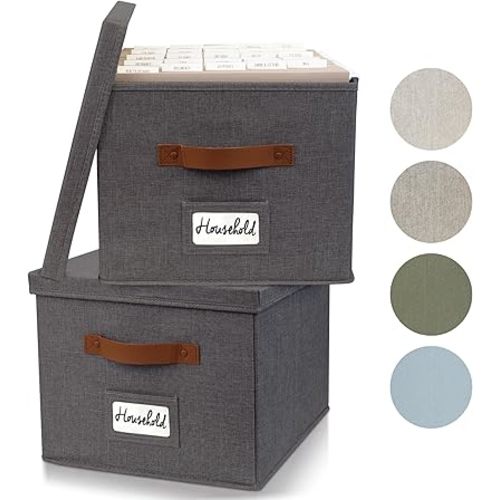 ZICOTO Decorative File Organizer Box Set of 2 - Collapsible Linen Filing Cabinets w/Handles Are Perfect to Store all Your Documents & Hanging File Folders - Portable Easy Slide Crates with Lid