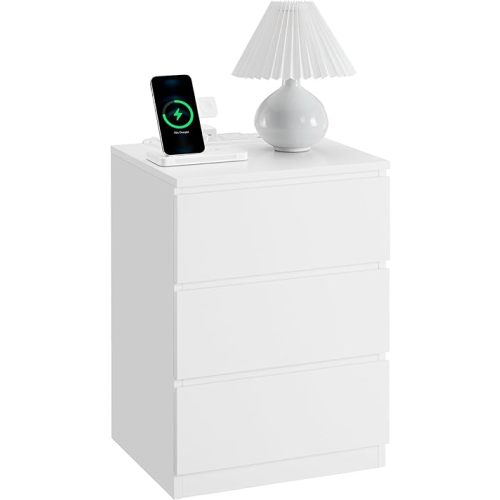 VASAGLE Nightstand with Charging Station, 2 AC Outlets and 2 USB Ports, Bedside Table, Side Table with 3 Drawers, Modern Style, 13.8 x 15.7 x 23.2 Inches, Cloud White ULET631W16