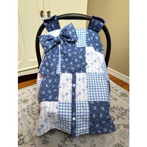 Baby Girl Carseat Cover - Patchwork Style with Blue Bows Gingham and Floral - Shower Gift