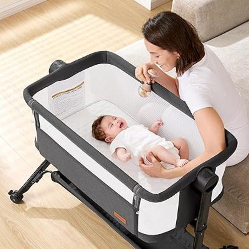 Bassinet Bedside Sleeper - All-Mesh Design, Portable Bedside Bassinet for Baby with Washable Mattress, 5 Adjustable Heights (Black)