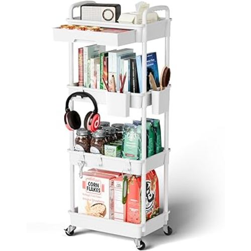 4 Tier Small Rolling Cart Organizer,Art Craft Diaper Bedside Snack Cart Laundry Room Bathroom Organizer Narrow Thin Slim Rolling Trolley Utility Cart with Wheels for Kitchen,Office(White)