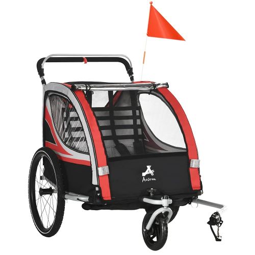Aosom 2-in-1 Walk/Ride Child Baby Bike Trailer for Kids 2 Seater, High-Visibility Bike Stroller for Toddler Wagon, Weather-Strong Double Bicycle Trailer Accessory for Kids