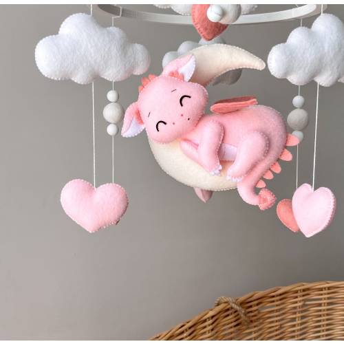 Pink dragon baby mobile Crib mobile with dragon Felt mobile Dragon nursery
