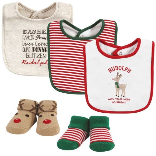 Hudson Baby Unisex Baby Cotton Bib and Sock Set, Rudolph, One Size