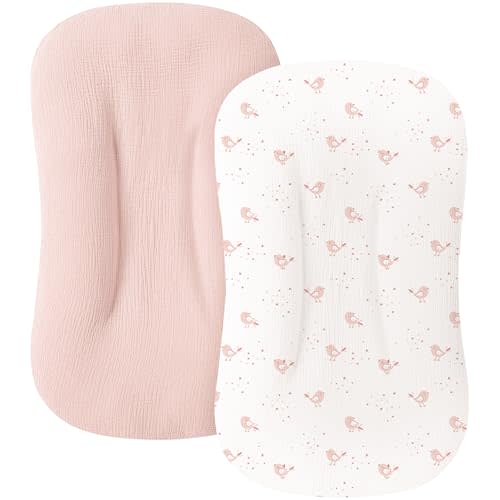 MairMore Muslin Baby Lounger Cover for Newborn & Infant, 100% Cotton Soft and Breathable Lounger Slipcover for Baby Girls and Boys, Pack of 2 (Pink Blossom)