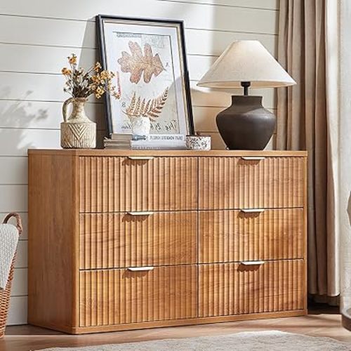 LEYAOYAO Fluted 6 Drawers Dresser for Bedroom, 48" Wide Modern Chest of Drawers with Metal Handle, Brown Curved Profile Farmhouse Closet Organizer Wood Dressers TV Stand for Living Room, Hallway