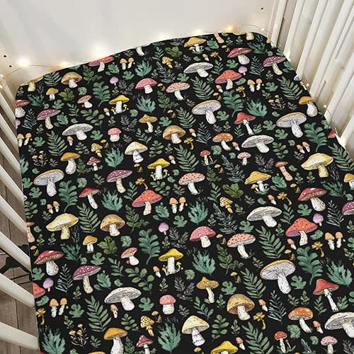 Colorful Mushrooms Green Leaves Baby Crib Sheets for Boy Girl 28"x52" Fall Mushroom Soft Stretchy Fitted Crib Mattress Cover Autumn Baby Sheet for Standard Crib & Toddler Mattress Pad
