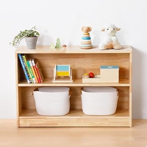 Rubber Wood Montessori Shelf and Toy Storage, 35.4" L, Solid Wood Bookshelf and Toy Organizers, 2-Tier Storage Cabinet Shelves and Kids Bookcase for Classroom, Kindergarten, Kids Room, Playroom.