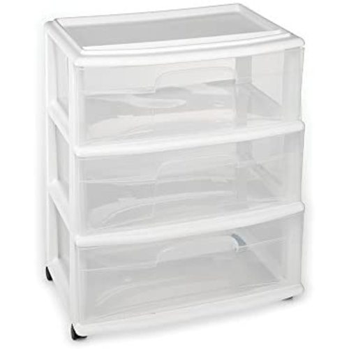 HOMZ Plastic 3 Drawer Wide Cart, White Frame, Clear Drawers, 4 Casters Included, Set of 1