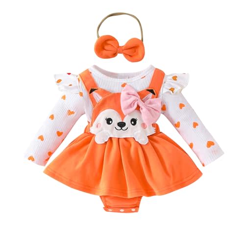 Kayotuas Newborn Baby Girl Clothes Fall Outfits Cute Bear Fox Romper Dress Ruffle Long Sleeve Skirted Bodysuit Jumpsuit