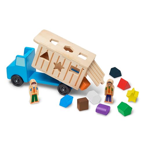 Melissa & Doug Shape-Sorting Wooden Dump Truck Toy With 9 Colorful Shapes and 2 Play Figures Wooden Vehicle Toys, Shape Sorter Toys For Toddlers Ages 2+